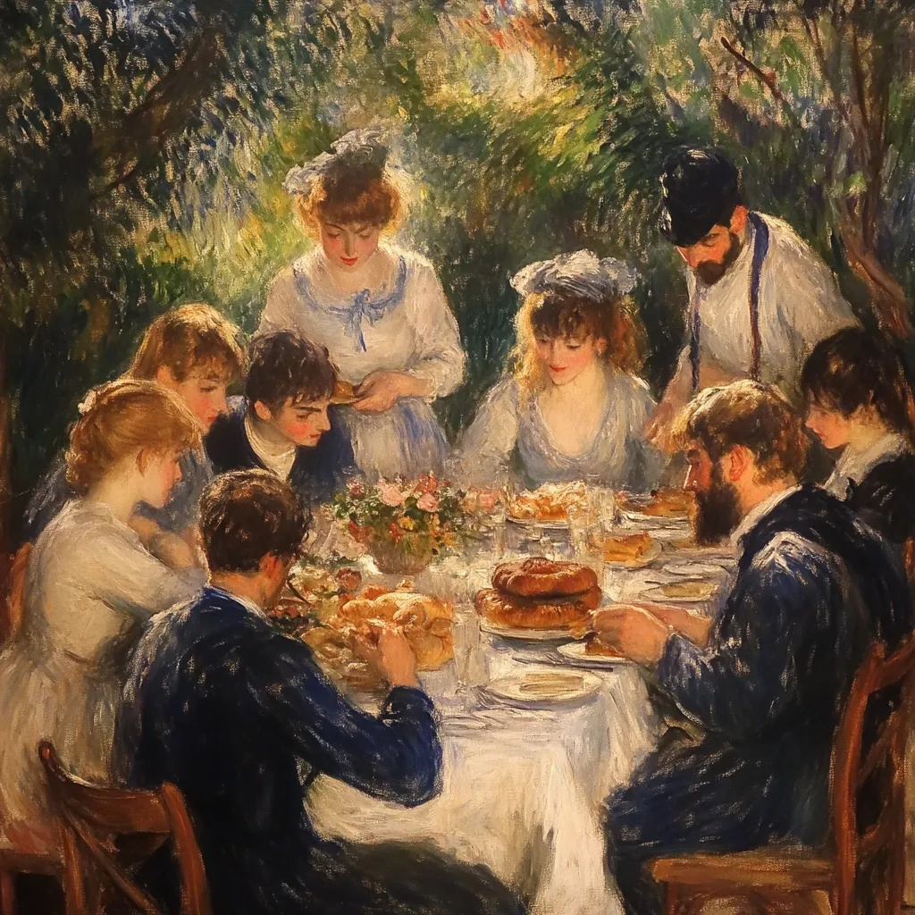 A lively outdoor luncheon unfolds beneath dappled sunlight filtering through leafy trees.  A group of elegantly dressed young people and a server are gathered around a long table laden with bread, pastries, and drinks.  The Impressionistic style captures the scene's bright atmosphere and the interplay of light and shadow on the figures and the tablecloth.  A sense of casual gaiety and camaraderie permeates the gathering.