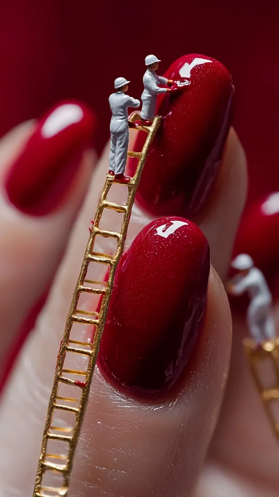 Miniature workers in white suits ascend a tiny gold ladder, meticulously painting a woman's fingernail a rich, glossy crimson.  The vibrant red nail polish contrasts sharply against the pale skin and the gold of the ladder.  The image creates a surreal, whimsical scene, emphasizing the scale difference between the workers and the human finger. Another miniature worker is partially visible on another nail, also painting.