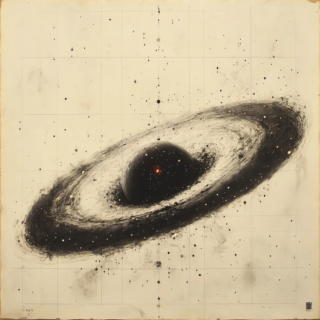 A monochromatic artwork depicts a celestial body, possibly a planet or star, at the center of a swirling galaxy.  The style is reminiscent of a scientific sketch or chart, with a gridded background and subtle speckling suggesting distant stars.  The central object glows faintly red, contrasting with the dark, charcoal-like strokes depicting the galaxy's spiral arms. The overall effect is one of cosmic vastness and mystery.