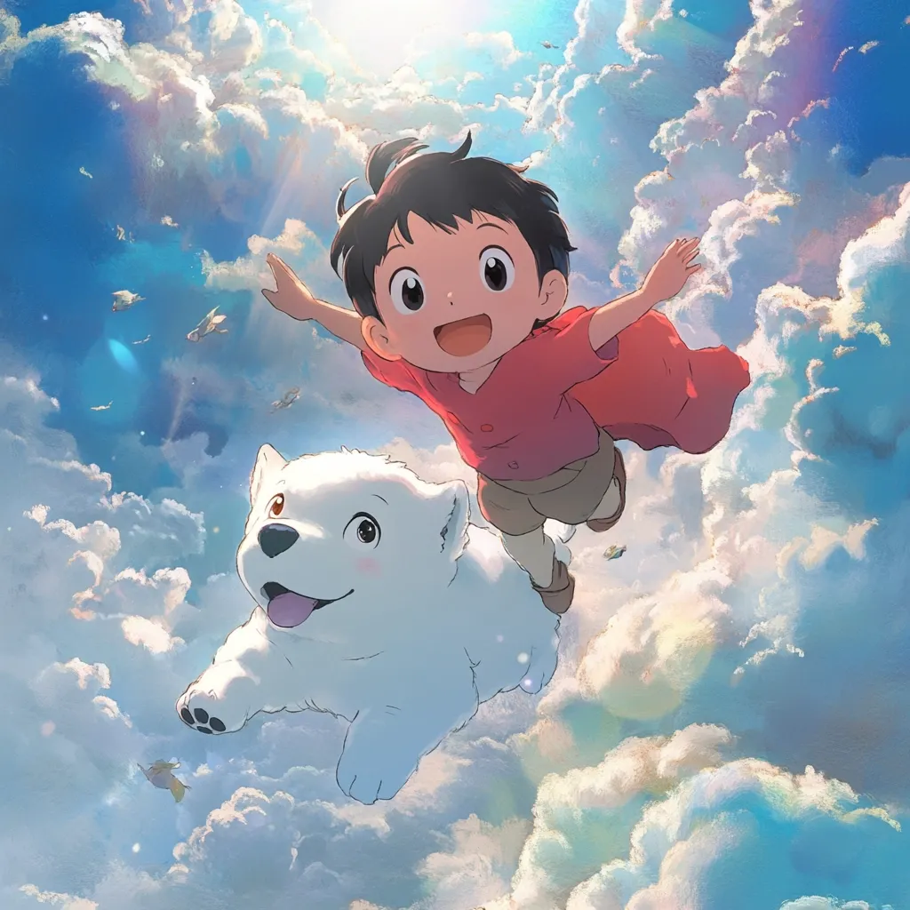 A joyful young boy with short brown hair, wearing a red shirt and brown shorts, flies through a fluffy white cloud-filled sky.  He has a wide, happy smile and his arms are outstretched.  A fluffy white polar bear-like creature playfully flies alongside him, mirroring his joyful expression.  The scene is bright, whimsical, and evokes a feeling of carefree adventure.