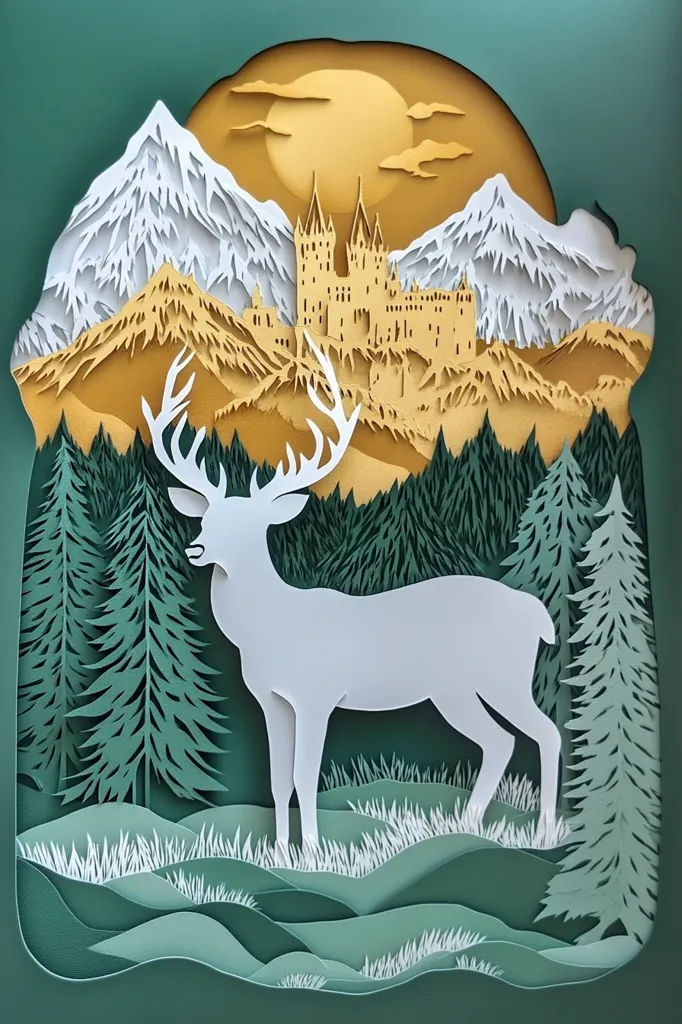 A stunning paper cut artwork depicts a majestic white stag standing in a forest clearing.  Behind it, a fairytale castle sits atop golden hills, framed by snow-capped mountains under a large, setting sun.  The intricate detail in the layered paper creates a three-dimensional effect, showcasing a serene and magical landscape.  The color palette of greens, golds, and whites enhances the dreamlike quality of the piece.