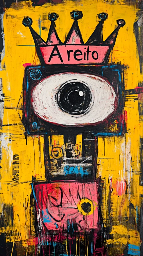 A vibrant abstract painting features a stylized figure crowned with a pink crown bearing the word "Areito."  The figure's central element is a large eye, rendered in whites and blacks. Bold strokes of yellow, pink, black, and turquoise create a dynamic composition on a predominantly yellow background. The style is raw and expressive, reminiscent of street art.  The overall impression is one of bold energy and raw emotion.