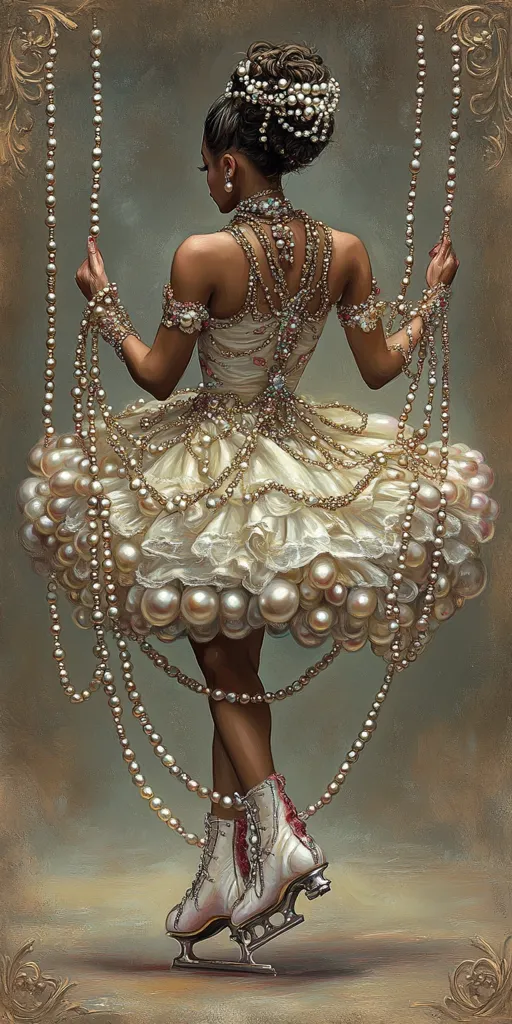 A painting of a woman, seen from behind, wearing a pearl-encrusted dress and ice skates.  Her dark hair is styled elaborately with pearls, and long pearl strands drape from her shoulders, seemingly acting as swing ropes.  The dress is voluminous and adorned with large, lustrous pearls, creating a luxurious and ethereal effect. The overall impression is one of elegance and fantasy.