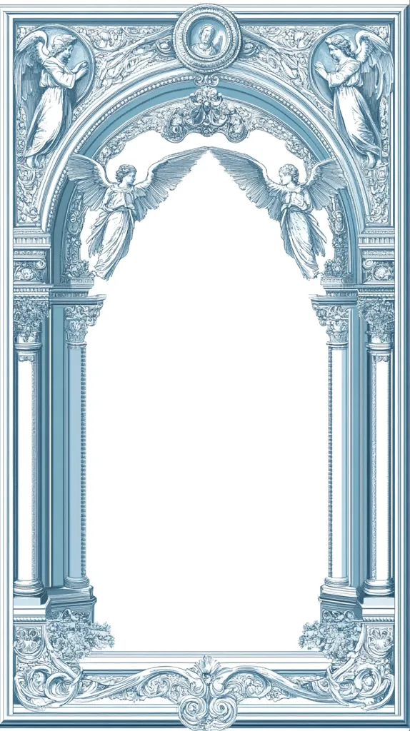 An ornate, light-blue architectural frame features angels with wings flanking a central archway.  Intricate carvings and pillars create a classical, possibly religious, design. The frame is highly detailed, with swirling patterns and cherubic figures.  The overall effect is one of elegant grandeur and symmetry, ideal for a formal setting or decorative purpose.  The central area is left blank, suggesting use as a border or template.