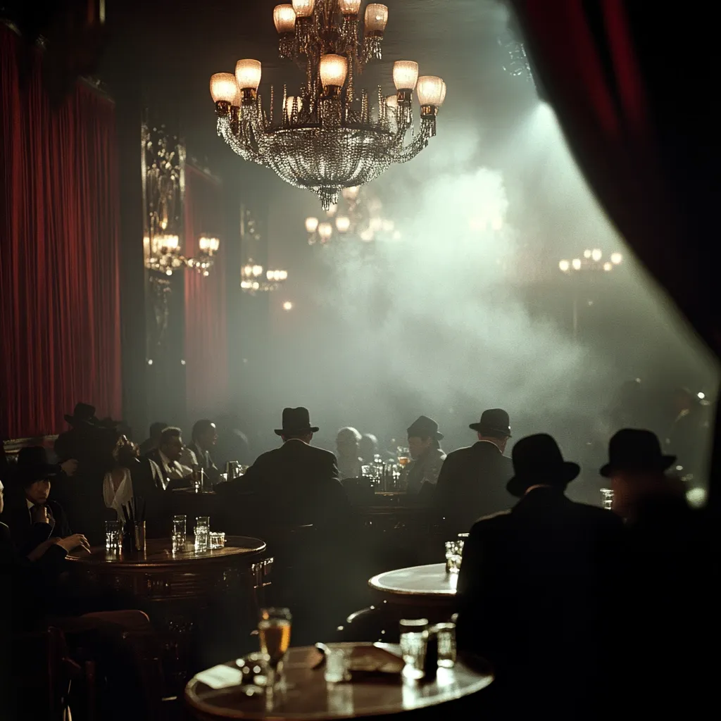 A dimly lit, smoky speakeasy is filled with men in fedoras seated around small, round tables.  A large, ornate chandelier hangs above, casting a warm glow.  The scene is shrouded in a hazy atmosphere, evoking a sense of mystery and clandestine meetings. Red velvet curtains frame the scene, adding to the ambiance of a hidden, exclusive club. The overall mood is one of secrecy and intrigue.