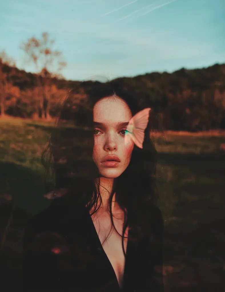 A young woman with long dark hair gazes pensively towards the viewer. A delicate, translucent butterfly rests near her eye, partially obscuring her face. The background is a softly blurred landscape of rolling hills and a muted sky, creating a dreamlike, ethereal atmosphere. The overall tone is melancholic yet beautiful.  The image suggests a sense of mystery and introspection.