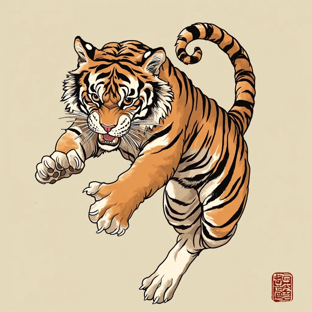 A vibrant illustration showcases a tiger mid-leap, its body arched and tail curled.  The tiger's orange and black stripes are meticulously detailed, its claws extended, and its expression fierce. The style evokes traditional Japanese art, with a distinct emphasis on linework and color. A red seal adds an authentic finishing touch. The background is a muted beige, allowing the tiger to command attention.