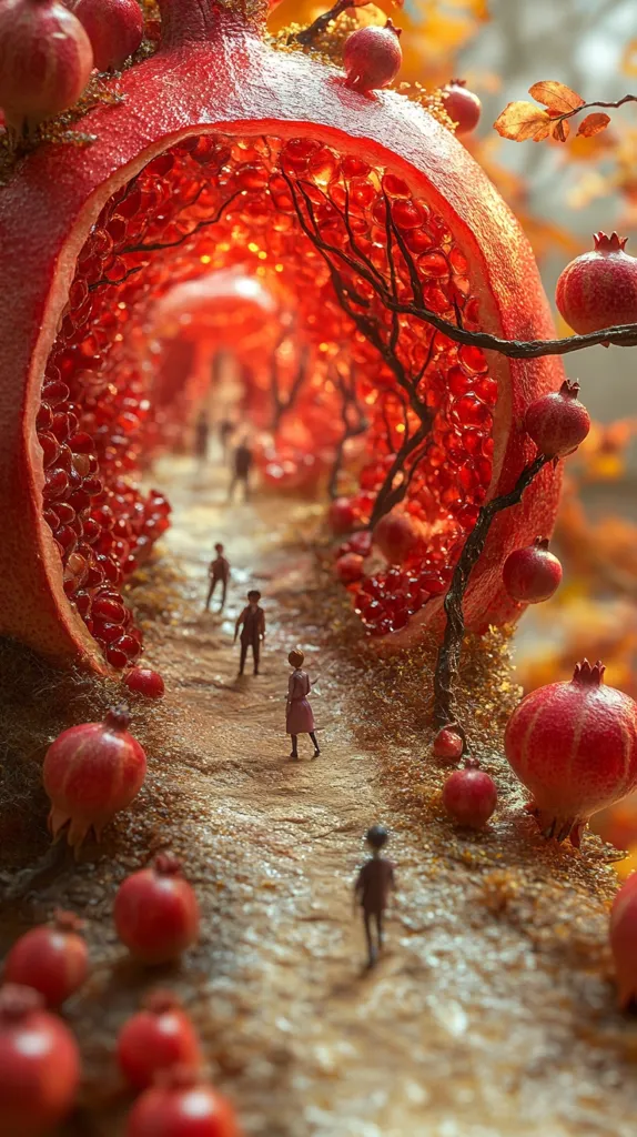 A whimsical scene unfolds within a giant, open pomegranate.  Tiny figures walk along a path illuminated by a warm, inner light emanating from the fruit's seeds.  Smaller pomegranates are scattered along the path and on the ground, creating a surreal, miniature world nestled within the larger fruit.  The background hints at an autumnal setting.