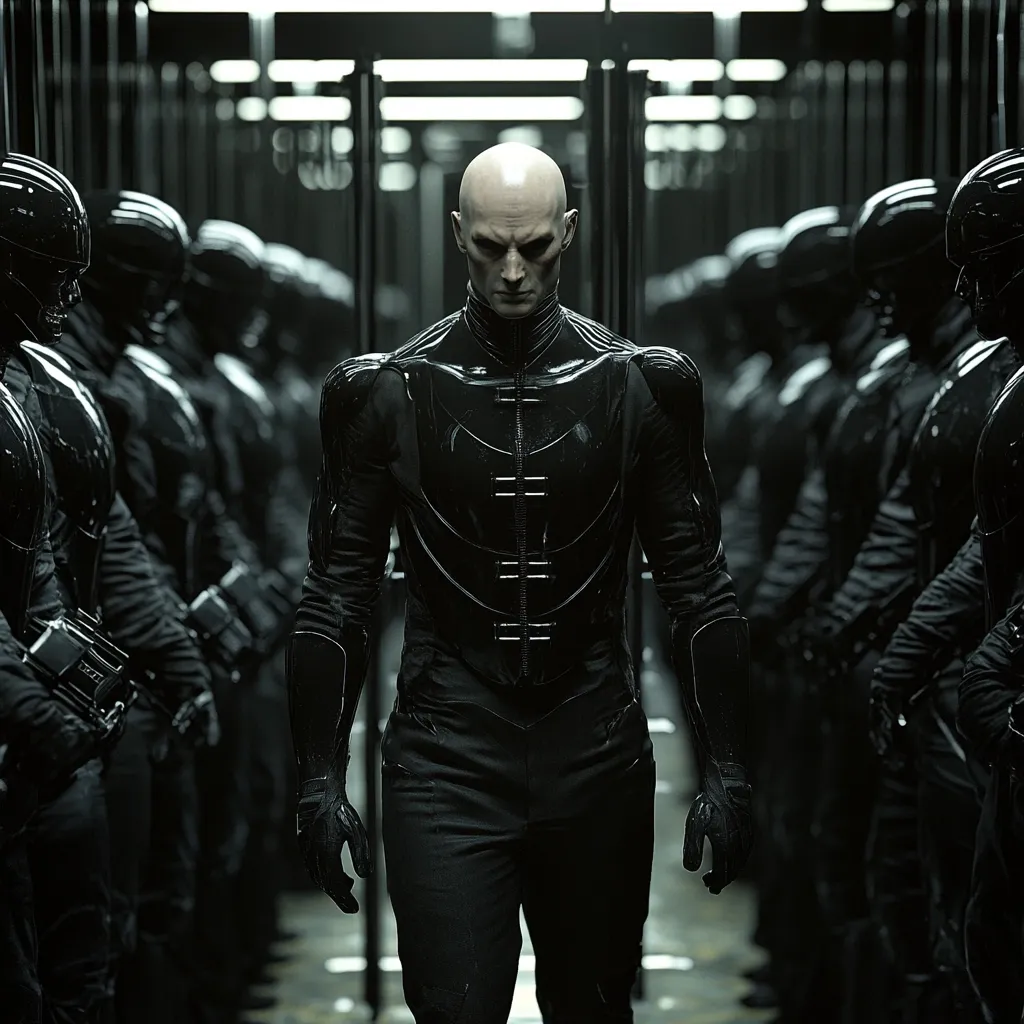 A bald, stern-faced man in a sleek, black, armored suit strides forward.  He is flanked by rows of identically clad figures, their faces obscured by helmets, creating a visually striking, dystopian scene. The setting is dark and metallic, enhancing the sense of oppressive uniformity and authority. The image evokes themes of power, control, and possibly a futuristic, totalitarian regime.