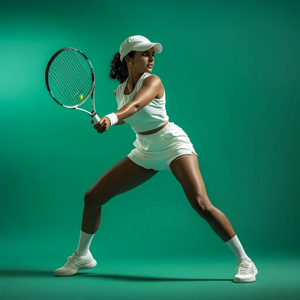 A female tennis player, clad in a white tennis outfit and cap, dynamically swings her racket against a vibrant teal backdrop.  Her focused expression and athletic pose suggest intense concentration and powerful movement. The image is a study in motion and athleticism, highlighting both strength and grace.