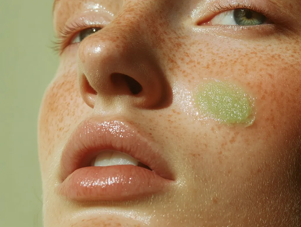Close-up of a fair-skinned person's face, speckled with freckles.  A light green, possibly exfoliating, balm or scrub is applied to one cheek.  The skin appears dewy and healthy, with full lips and long eyelashes. The image is brightly lit, highlighting the skin's texture and the product's sheen.