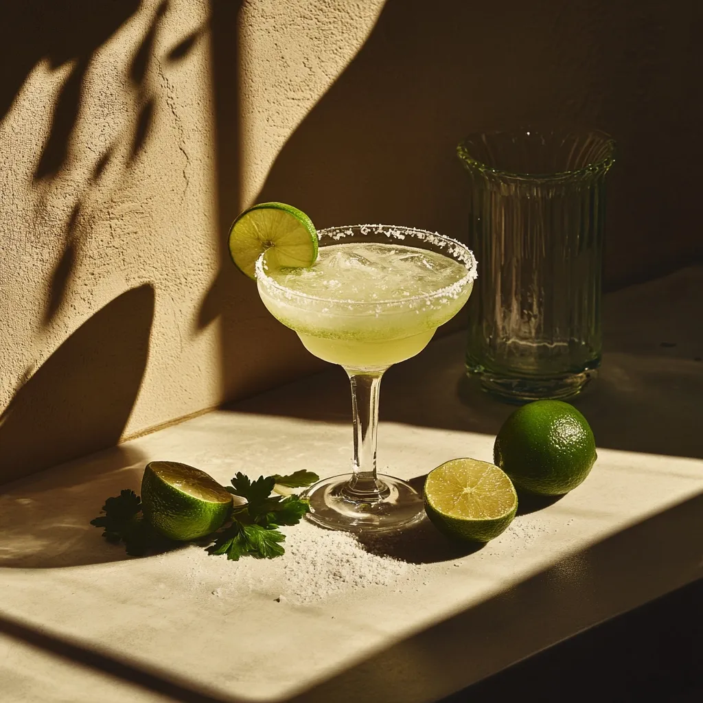 A margarita sits on a light beige surface, bathed in sunlight.  The cocktail is garnished with a lime wedge and rimmed with salt.  Nearby are lime halves, a sprig of parsley, and a spill of salt.  A clear glass vase is in the background, adding to the warm, inviting ambiance.  The scene is captured with dramatic shadows cast on the wall behind.