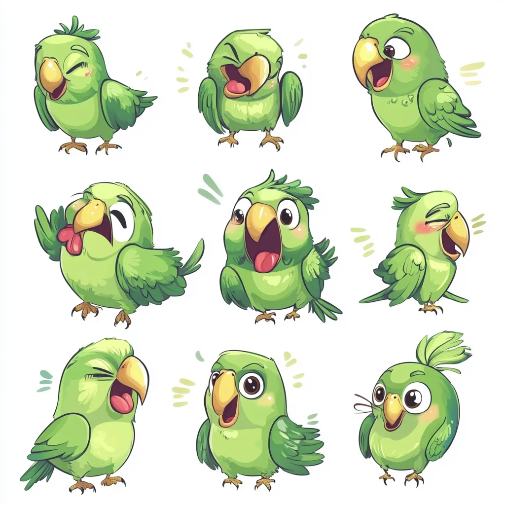 Nine adorable cartoon green parrots are depicted in various expressive poses.  Each parrot displays a different emotion, from laughter and surprise to contentment and playful mischief.  The illustrations are vibrant and cheerful, with soft shading and detail in their feathers and expressions.  They are perfect for children's books, stickers, or other playful applications.