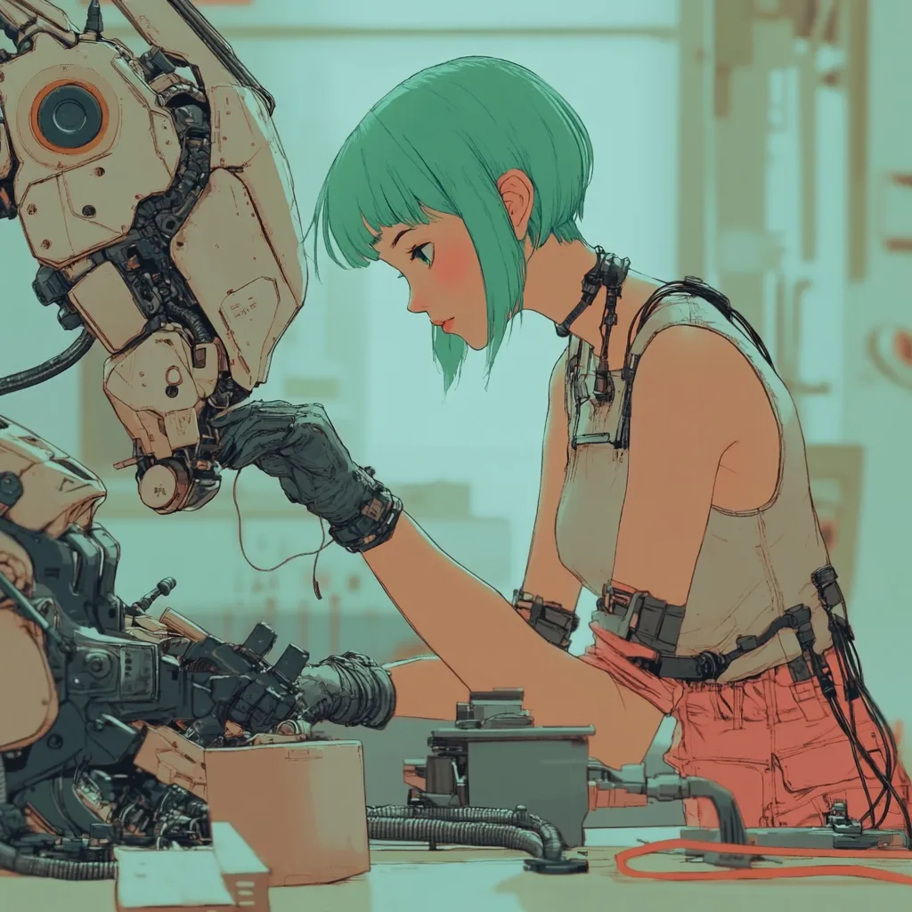 A young woman with teal hair, wearing a sleeveless top and technological attachments, meticulously works on a complex, off-white robot.  Her focused expression and delicate touch suggest a connection between the woman and the machine.  The scene is set in a workshop, hinting at a future technological setting.  The overall style is anime-influenced, with soft yet detailed lines and muted color palette.