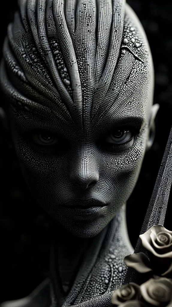A close-up, monochrome portrait of an alien-like figure.  Its skin possesses a textured, reptilian appearance, with intricate scales covering its face and body.  The creature's expression is serious and intense, its gaze directly confronting the viewer.  A blurred background and subtle roses in the foreground add depth and contrast, enhancing the enigmatic nature of the subject.