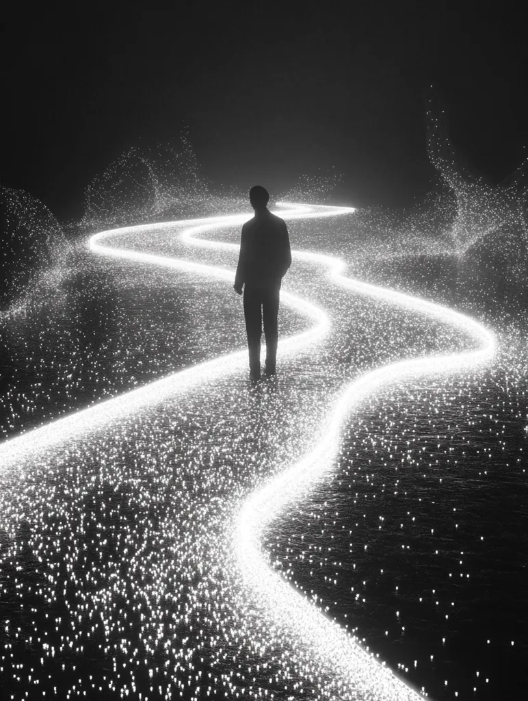 A solitary figure, silhouetted against a dark background, walks along a luminous path. The path, a winding river of light, is composed of countless sparkling particles.  The scene is monochromatic, emphasizing the contrast between the dark surroundings and the bright, ethereal trail. The overall impression is one of mystery and solitary journey.