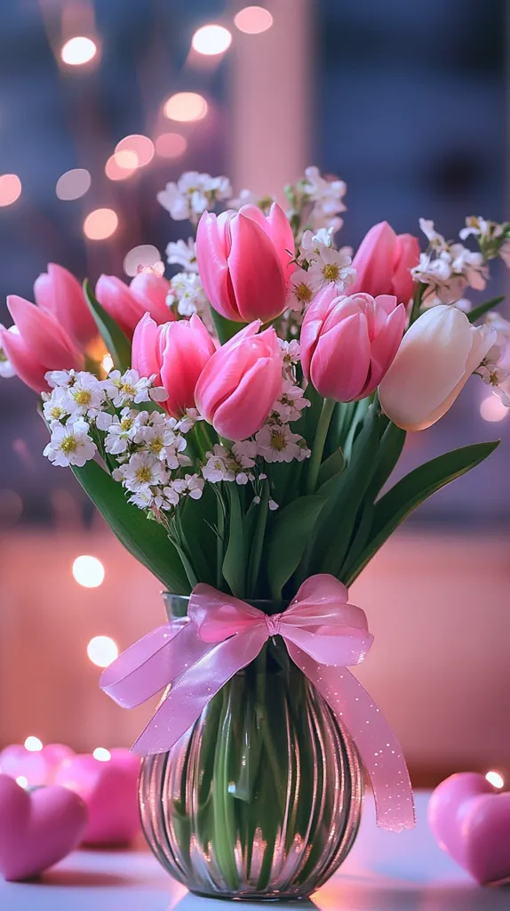 A charming bouquet of pink tulips and white baby's breath is arranged in a clear glass vase adorned with a pink ribbon.  The vase sits on a table amongst soft pink heart-shaped candles, creating a romantic and delicate ambiance.  A soft, out-of-focus background features warm bokeh lights, enhancing the overall peaceful and lovely mood.