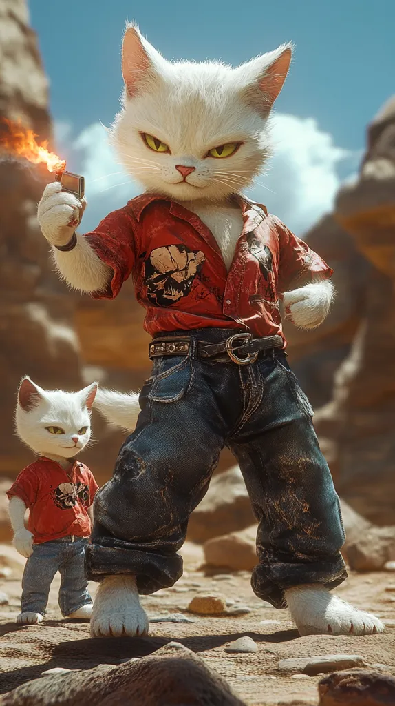 A large, anthropomorphic white cat, dressed in a red shirt, jeans, and a belt, holds a lit lighter.  A smaller, similarly dressed white cat stands beside it.  Both cats have intense, yellow eyes. The setting appears to be a desert landscape with rocky formations under a bright, sunny sky. The image is highly realistic, with detailed fur and clothing textures.