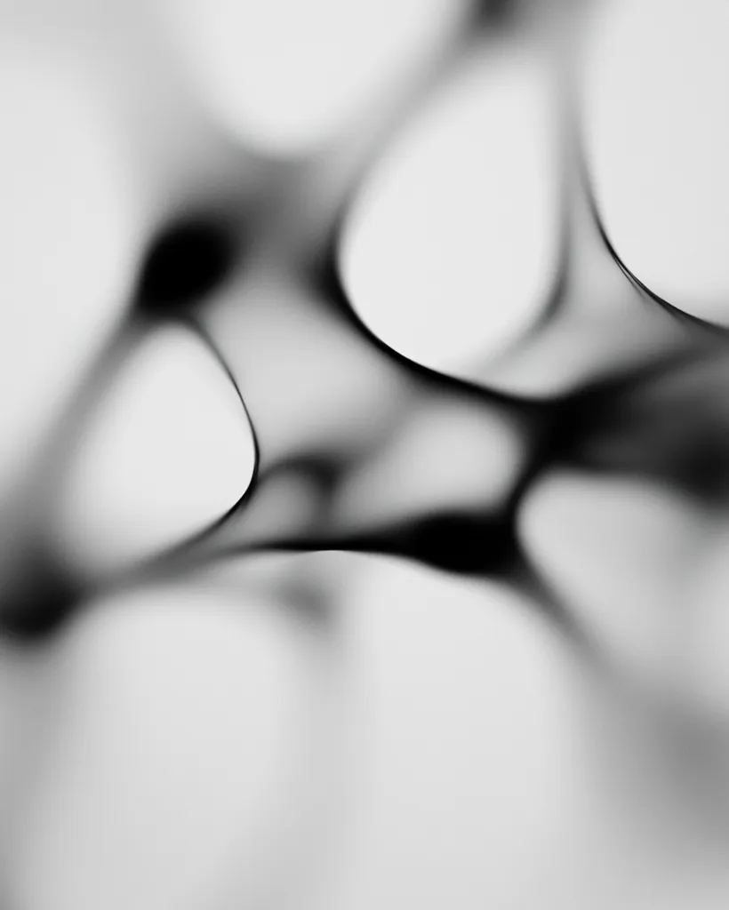 The image is an abstract grayscale depiction of flowing, interconnected forms.  Dark, almost black, tendrils weave through lighter gray areas, creating a sense of movement and fluidity.  The shapes are indistinct and organic, resembling a network or web of flowing smoke or liquid. The overall effect is ethereal and suggestive of abstract art.