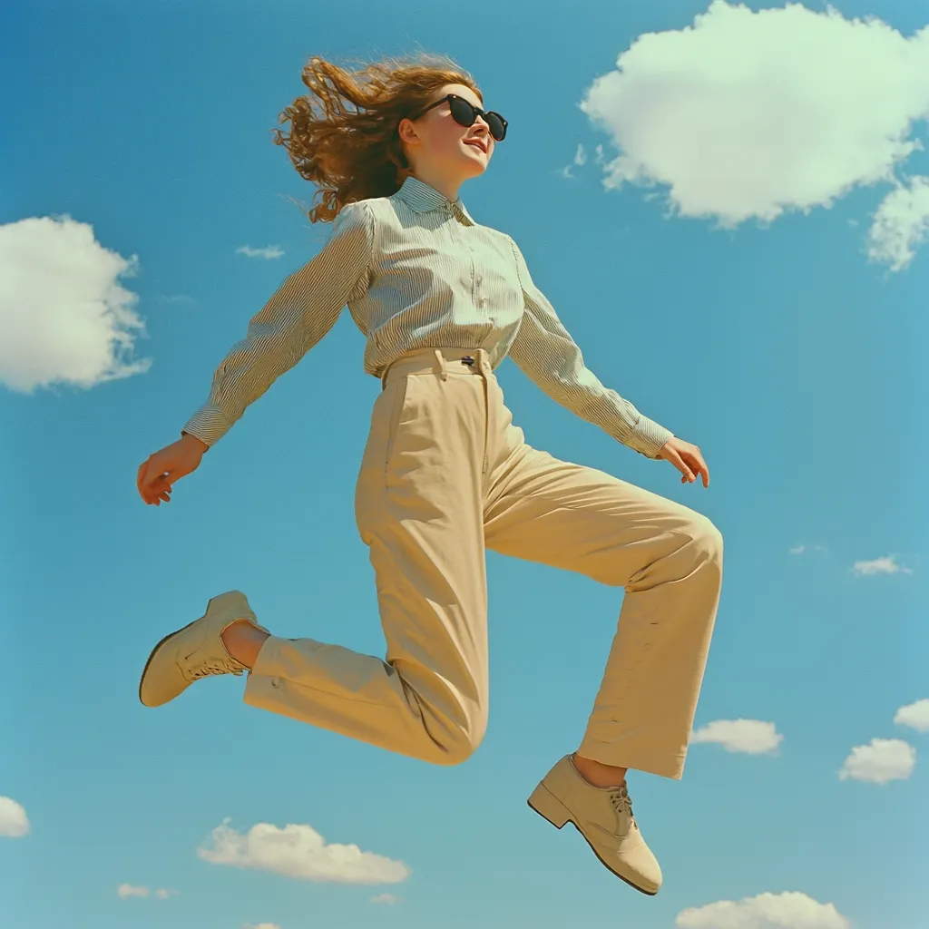 A young woman with curly brown hair leaps joyfully against a vibrant blue sky dotted with fluffy white clouds.  She wears a striped shirt, beige trousers, and light beige shoes, her sunglasses adding a touch of retro cool. The image evokes a feeling of carefree freedom and summer optimism.