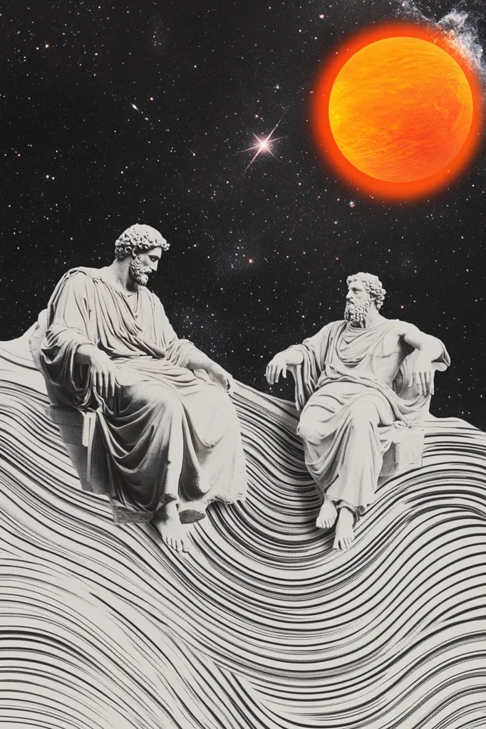 Two classical statues of men in togas sit atop a swirling, wave-like surface against a backdrop of space. A large, vibrant orange celestial body dominates the upper right corner, while stars and galaxies fill the dark sky. The monochromatic statues contrast with the intensely colored orb, creating a surreal and thought-provoking image. The composition suggests a blend of ancient history and cosmic vastness.