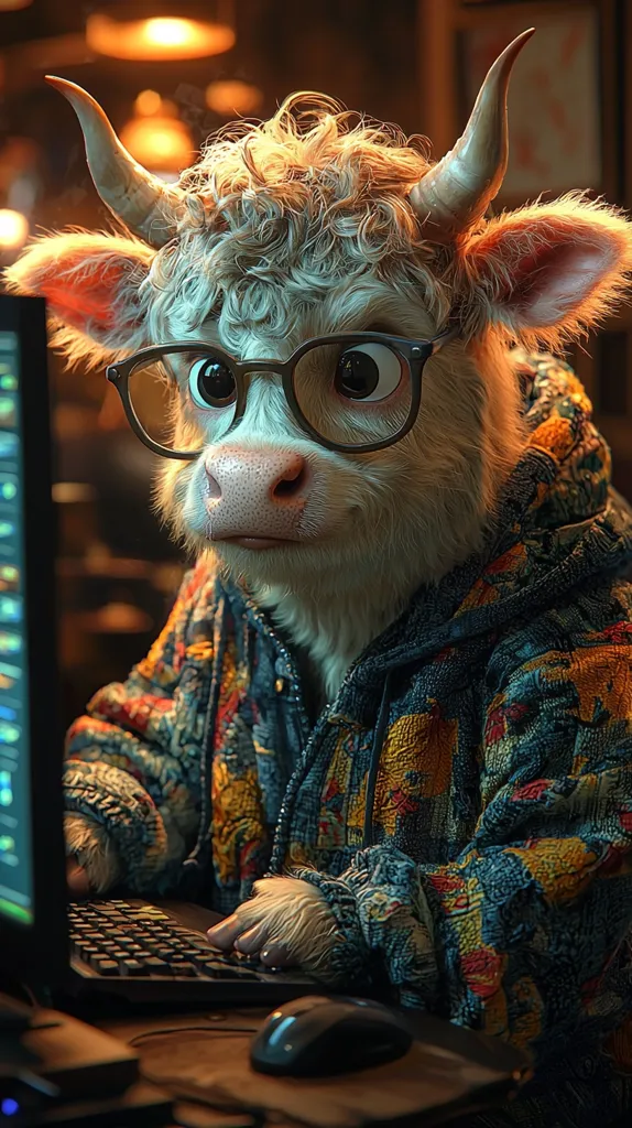 A digital rendering of a fluffy, white cow wearing glasses and a patterned jacket sits at a computer, typing on a keyboard.  The cow's expression is serious and focused, as if engrossed in its work. The warm lighting and detailed fur texture create a realistic and endearing image. The scene is set in a dimly lit room, suggesting a late-night work session.