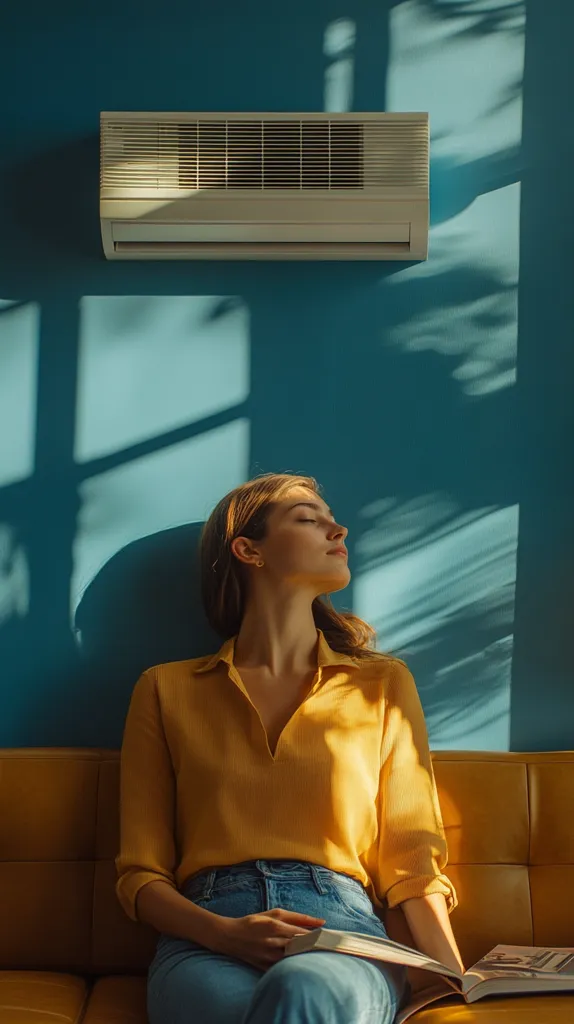 A young woman, dressed in a mustard yellow shirt and blue jeans, sits serenely on a yellow couch.  She holds a book in her lap, eyes closed, seemingly relaxed and enjoying the quiet.  Above her, a wall-mounted air conditioner is visible against a teal wall, dappled with sunlight casting shadows. The overall scene is calm and peaceful.