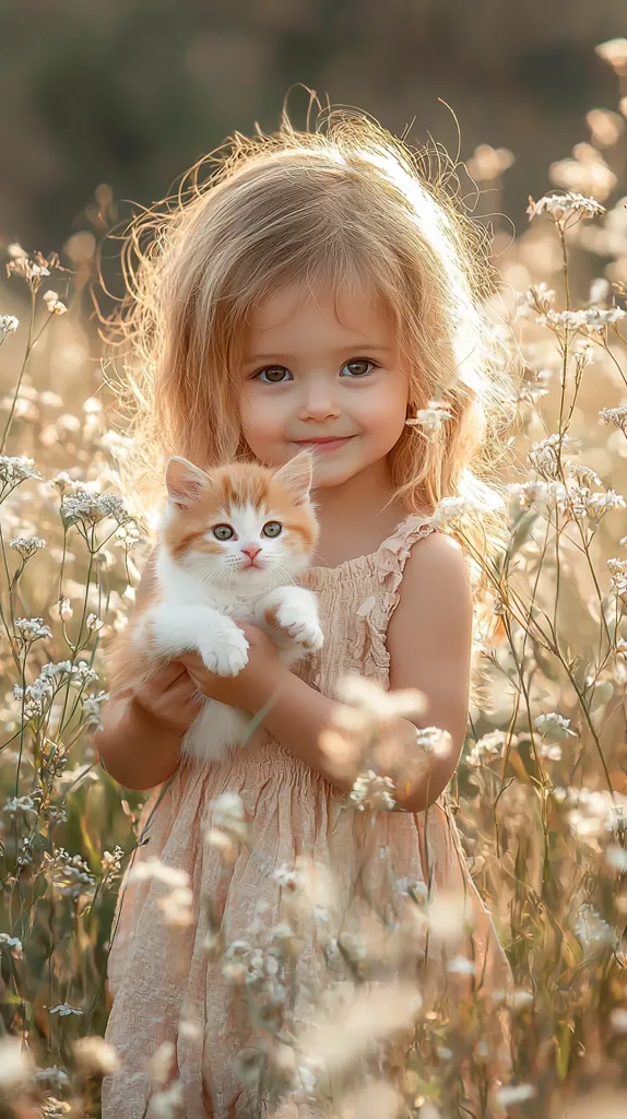 A little girl with long blonde hair, wearing a peach-colored dress, gently cradles an orange and white kitten in a field of wildflowers. Sunlight illuminates her hair and the scene, creating a warm and tender atmosphere. The girl's expression is one of pure joy and affection for her feline companion.  The overall image evokes a sense of childhood innocence and the beauty of nature.