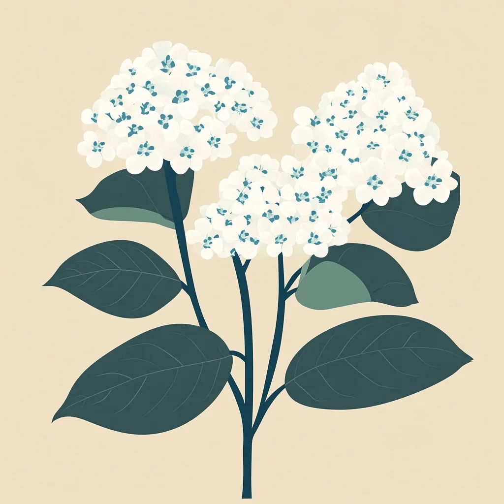 An illustration showcases a stylized floral arrangement. Three clusters of white flowers, each composed of numerous small blossoms with light blue centers, are depicted.  The flowers are attached to dark teal stems and leaves, creating a visually balanced composition against a pale beige backdrop. The style is minimalist and elegant.