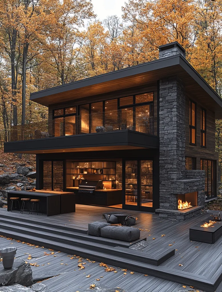 A modern, dark-wood and stone cabin nestled in an autumnal forest.  Large windows showcase the interior's warm lighting.  A spacious deck features a built-in kitchen, fireplace, and comfortable seating areas.  The multi-level deck descends towards a natural rock landscape, creating a serene and luxurious outdoor space.  Fallen leaves add to the seasonal ambiance.