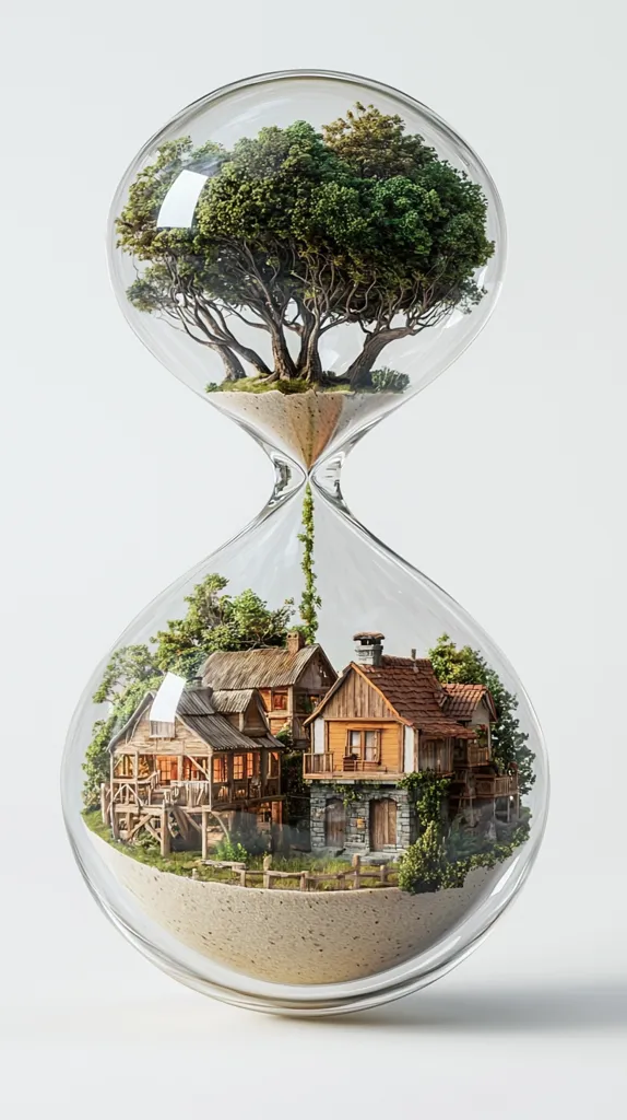 A glass hourglass contains miniature worlds.  The top bulb shows a lush green tree, while the bottom bulb depicts a quaint village nestled amongst greenery.  The scene is meticulously detailed, creating a surreal and captivating image that suggests the passage of time and the cyclical nature of life.  The contrast between the solitary tree and the community further enhances the artistic concept.