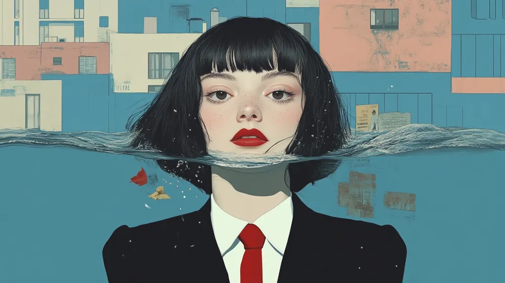 A stylized illustration depicts a young woman with dark bobbed hair, partially submerged in teal water. Her face, detailed with freckles and red lipstick, is serene.  She wears a black suit and red tie, creating a contrast against the calm water and pastel-toned buildings in the background.  Small, floating debris adds to the dreamlike, underwater atmosphere.  The overall mood is melancholic yet aesthetically pleasing.