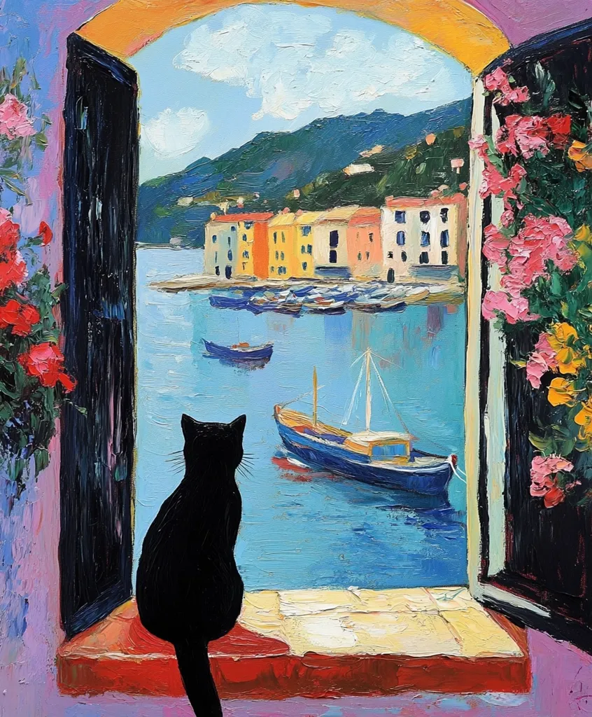A black cat sits silhouetted in a window, gazing at a picturesque coastal scene.  Vibrant, colorful buildings line a calm harbor, with boats gently bobbing on the water. Lush pink flowers frame the window, adding to the idyllic, almost dreamlike atmosphere of the painting.  The style is painterly and expressive, with visible brushstrokes.