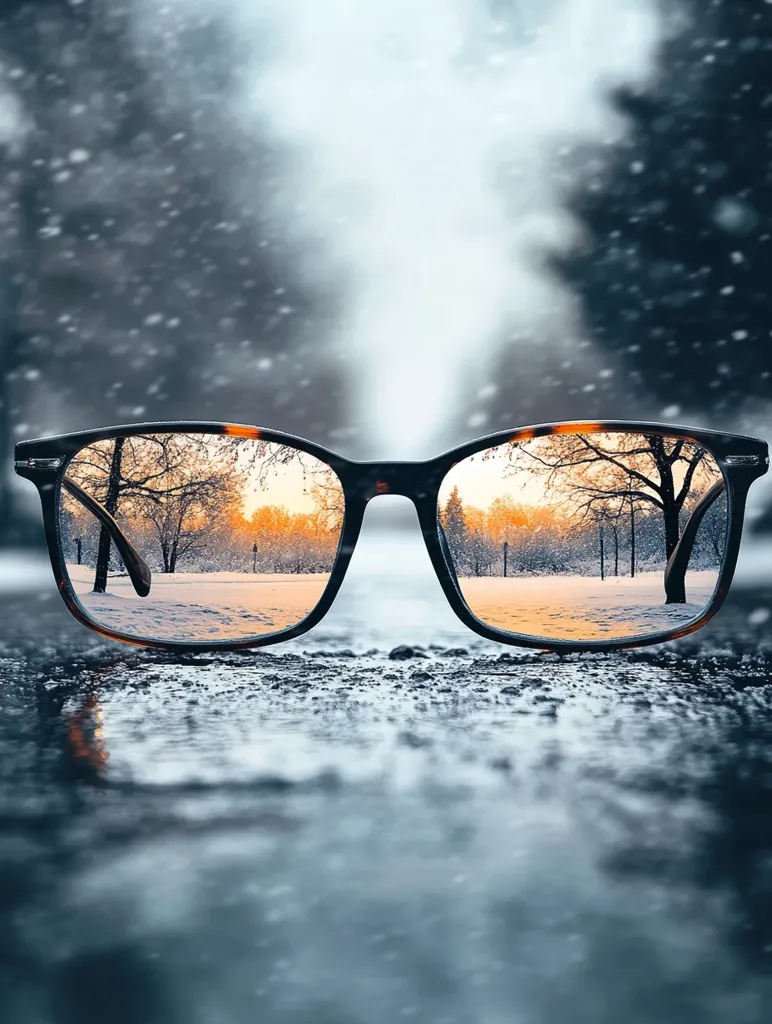 A pair of eyeglasses rests on a snow-covered surface, reflecting a serene winter scene.  The lenses showcase a picturesque park bathed in the soft light of a setting sun, with snow-laden trees and a tranquil path.  Snow falls gently in the blurred foreground, creating a dreamy, atmospheric effect. The contrast between the sharp reflection and the blurry surroundings adds depth and intrigue.