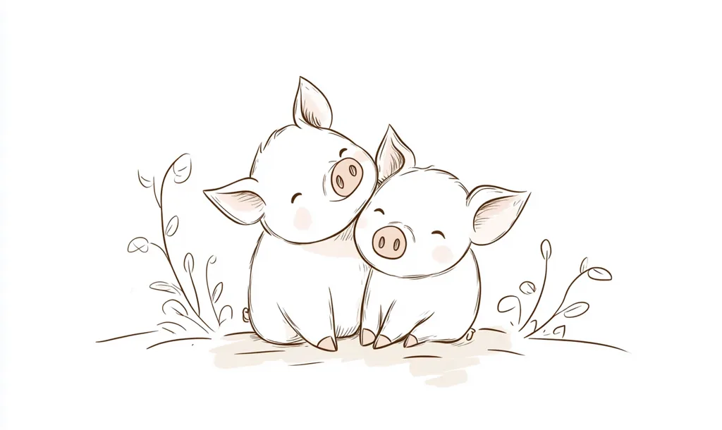 A charming illustration showcases two adorable piglets nestled together amidst delicate, stylized foliage.  The piglets are drawn in a simplistic, cartoonish style with soft lines and subtle shading, emphasizing their cuddly nature. They appear content and friendly, creating a heartwarming scene. The overall style is gentle and reminiscent of children's book illustrations.