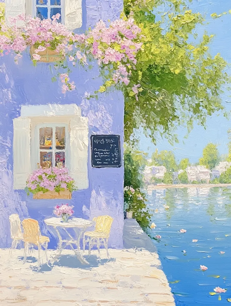 A charming lavender-colored cafe sits by a tranquil waterway.  Pink flowers cascade from window boxes and climb the building's exterior.  Two chairs and a small table sit on a sun-drenched patio, overlooking the calm water dotted with lily pads.  A chalkboard menu adds to the quaint ambiance of this picturesque scene, painted in a loose, impressionistic style.