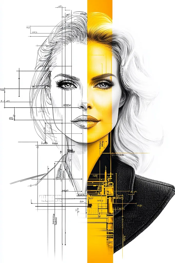 A striking illustration showcases a woman's face, bisected by a vibrant yellow stripe.  One half is rendered in precise, sketched lines, overlaid with architectural blueprints, revealing a technical construction of the face. The other half is a stylized, bold yellow rendering, contrasting the technical detail.  The overall effect blends artistic expression with technical precision, creating a powerful visual juxtaposition.
