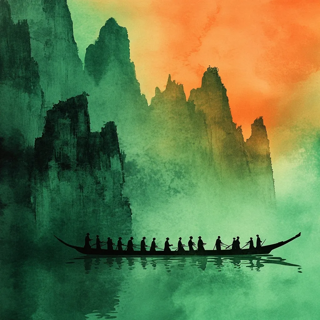 A watercolor painting depicts a longboat carrying numerous silhouetted figures across a tranquil body of water.  Towering, misty green mountains rise dramatically in the background, their peaks silhouetted against a warm orange sunset. The scene evokes a sense of serene journey and the vastness of nature.  The artistic style is reminiscent of East Asian ink wash painting.