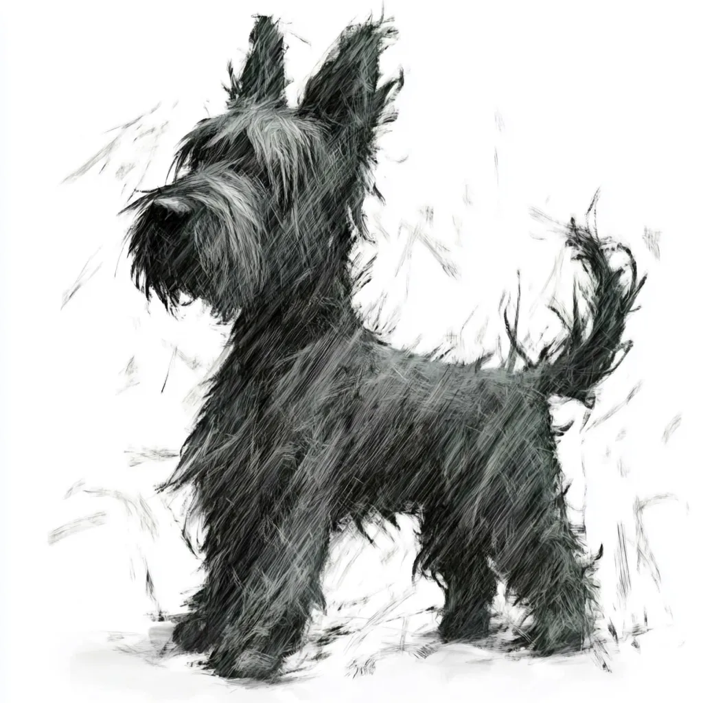 A black and white sketch of a Scottish Terrier dog.  The artistic style uses loose, expressive strokes to depict the dog's shaggy fur and energetic posture. The background is mostly white, allowing the dog to be the clear focal point. The overall impression is one of movement and vitality.