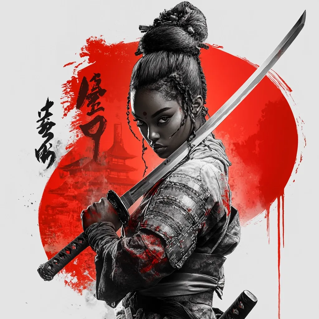 A striking grayscale portrait of a Black woman samurai, her intense gaze fixed on the viewer.  She grips a katana, its blade diagonal across her body.  A vibrant red sun, painted in a bold style, forms a backdrop, evoking a Japanese aesthetic.  Chinese characters are visible, adding to the artistic composition.  Blood splatters suggest recent battle, enhancing the warrior's fierce presence.