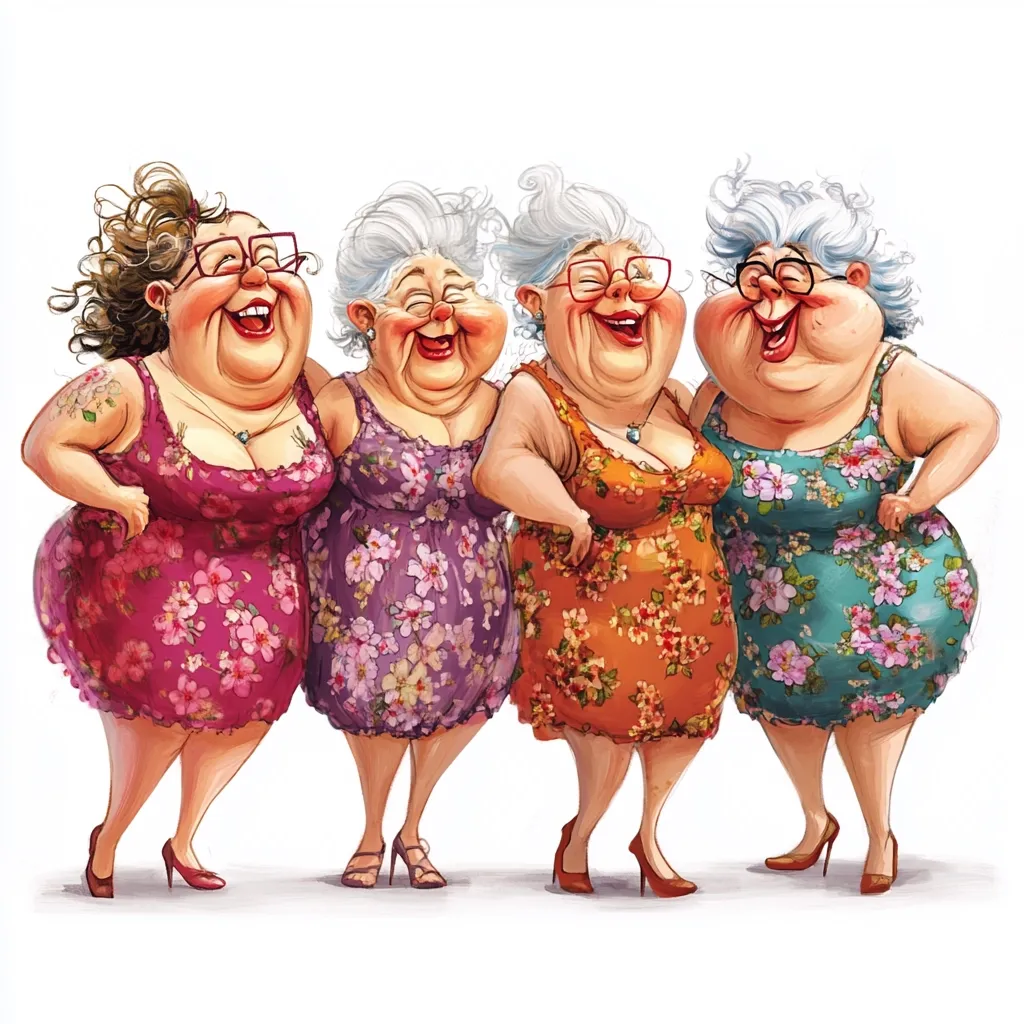 Four cheerful, plump elderly women in floral sundresses and glasses stand together, laughing heartily.  They are arm-in-arm, showcasing their joyful camaraderie.  Their hairstyles vary, with one having curly brown hair, while the others sport white, wavy hair.  The illustration is vibrant and whimsical, capturing a moment of shared happiness.