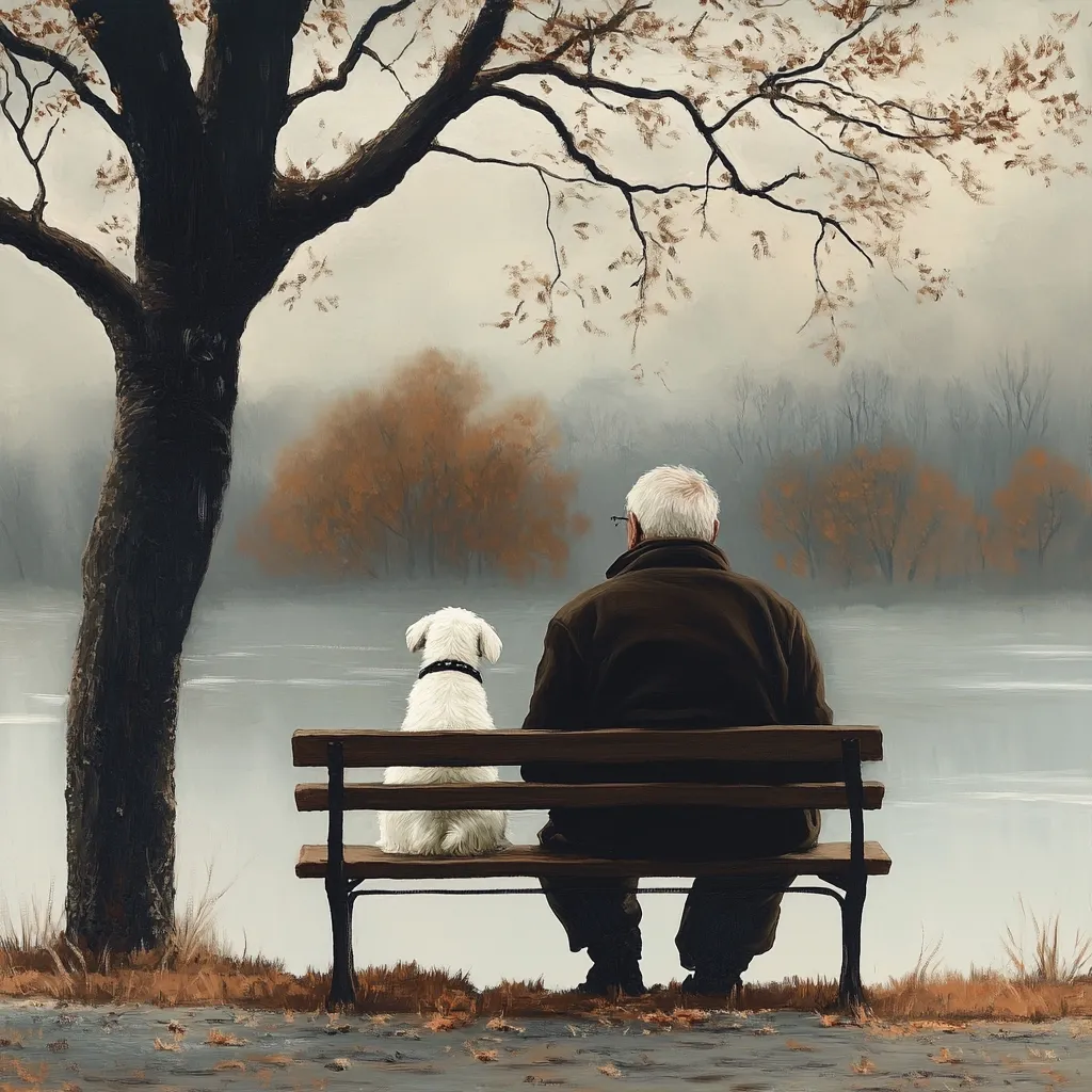 An elderly man sits on a park bench beside his small white dog.  They gaze out at a misty lake, surrounded by bare trees in autumnal hues.  The scene evokes a sense of quiet contemplation and companionship, the serene atmosphere emphasized by muted colors and soft light.  The overall impression is one of peaceful solitude and the bond between human and animal.