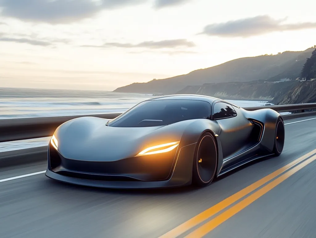 A sleek, dark gray sports car speeds along a coastal highway at sunset. The ocean waves crash gently against the shore in the background, while rolling hills rise on the other side of the road. The car's headlights illuminate the road ahead, creating a dramatic contrast against the twilight sky. The image evokes a sense of speed, freedom, and luxury.