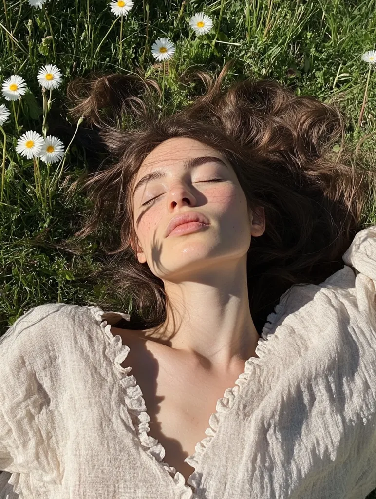A young woman with long brown hair lies on her back in a field of daisies.  She wears a light beige, ruffled blouse.  Sunlight illuminates her face and freckles, her eyes are closed, suggesting peace and relaxation. The overall scene evokes a feeling of serenity and natural beauty.