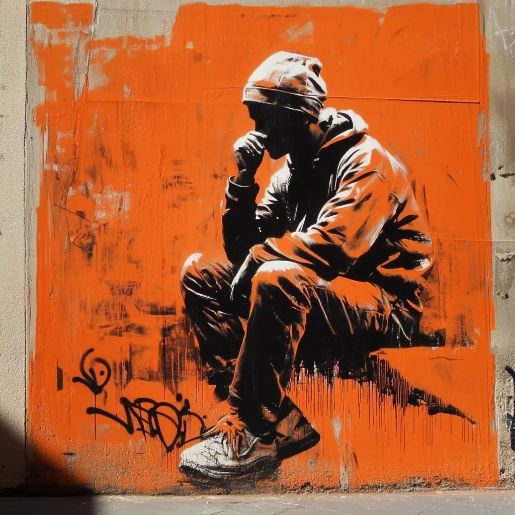 A vibrant orange street art mural depicts a lone figure, a man in a hooded jacket and beanie, seated with his hand to his chin, seemingly in deep thought.  The stark black silhouette contrasts sharply against the bright background, creating a powerful visual effect. The style is reminiscent of stencil art, with bold lines and a slightly distressed texture to the background.  Smaller graffiti tags are visible near the bottom.