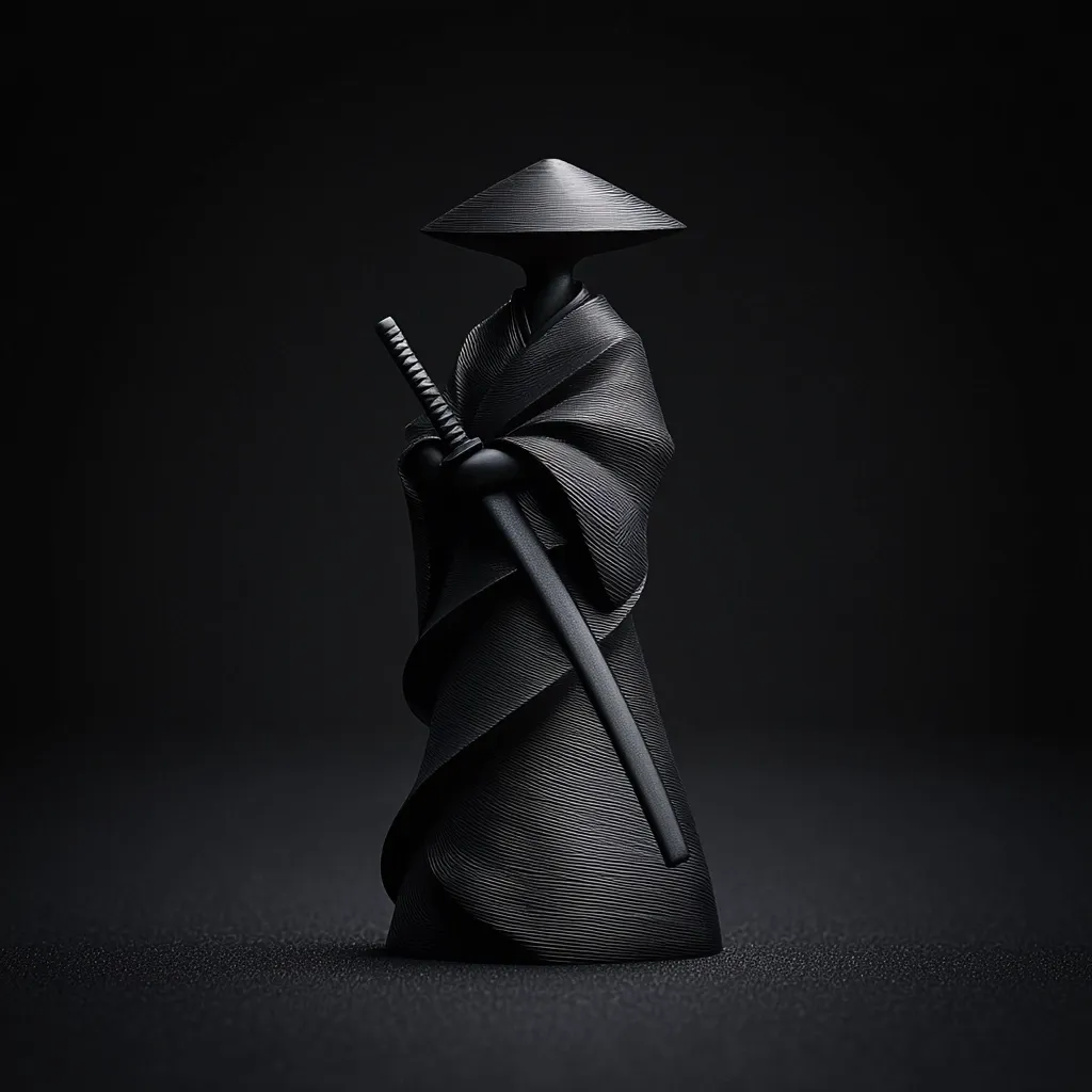 A monochrome statue depicts a stylized samurai, cloaked in flowing robes and a conical hat.  The figure holds a katana, its hilt grasped firmly.  The dark, textured surface and minimalist design create a sense of serene power and quiet contemplation against the stark black background. The overall aesthetic is one of elegant simplicity and mystery.