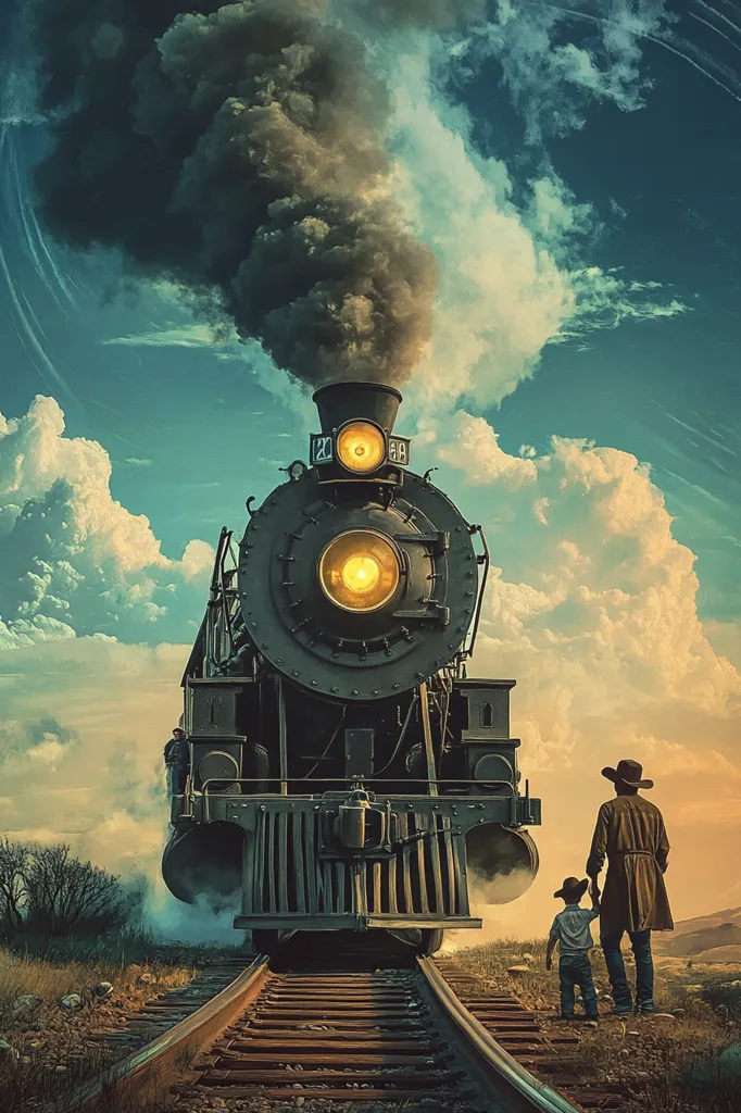 A majestic steam locomotive, billowing dark smoke, dominates the foreground.  A father and son, dressed in western attire, stand on the railway tracks, watching the approaching train.  The setting sun casts a warm glow on the scene, creating a dramatic and nostalgic atmosphere. The vast sky filled with clouds enhances the epic scale of the image.