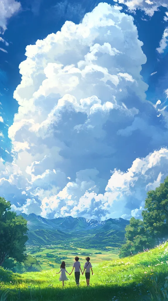 Three children, a girl and two boys, walk hand-in-hand across a vibrant green hillside.  A vast, fluffy white cumulus cloud dominates the sky above, casting a soft light on the idyllic landscape.  Rolling green hills and distant mountains form a breathtaking backdrop under a clear blue sky.  The scene evokes a feeling of peace and carefree adventure.