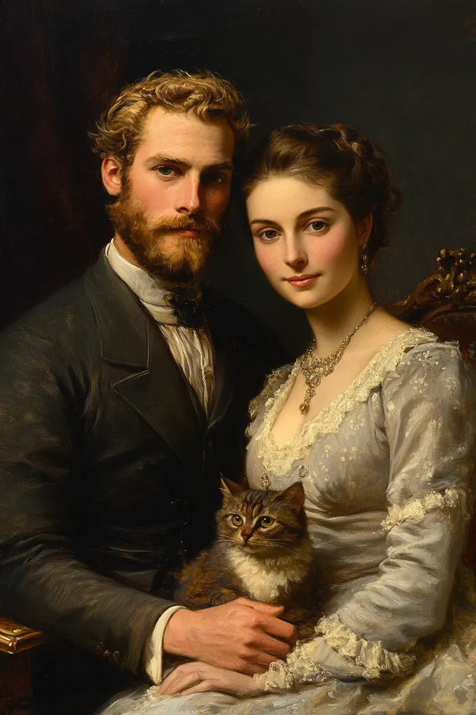 A 19th-century oil painting depicts a formally dressed couple seated together. The man, with a beard and dark suit, holds a tabby cat on his lap.  The woman, in a light grey, lace-trimmed gown, sits beside him, wearing a jeweled necklace.  The dark background and warm lighting enhance the rich detail of the clothing and the couple's expressions.  The overall style is romantic and realistic, characteristic of portraiture from the period.