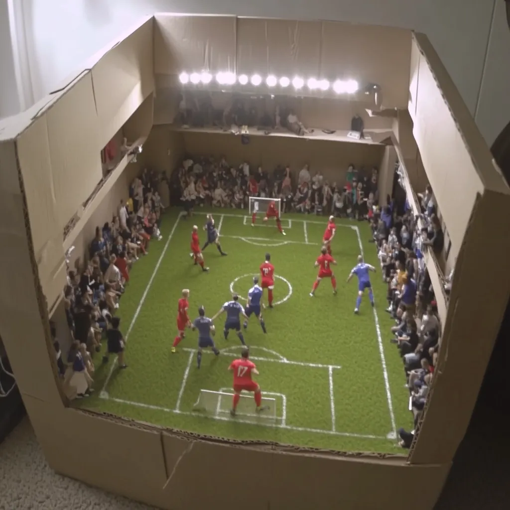 A miniature soccer game is set up inside a large cardboard box.  Tiny figures representing players and spectators fill the meticulously crafted stadium.  Artificial turf forms the playing field, complete with markings.  Overhead lighting illuminates the scene, creating a surprisingly realistic atmosphere within the makeshift arena. The detail extends to miniature bleachers filled with tiny spectators.